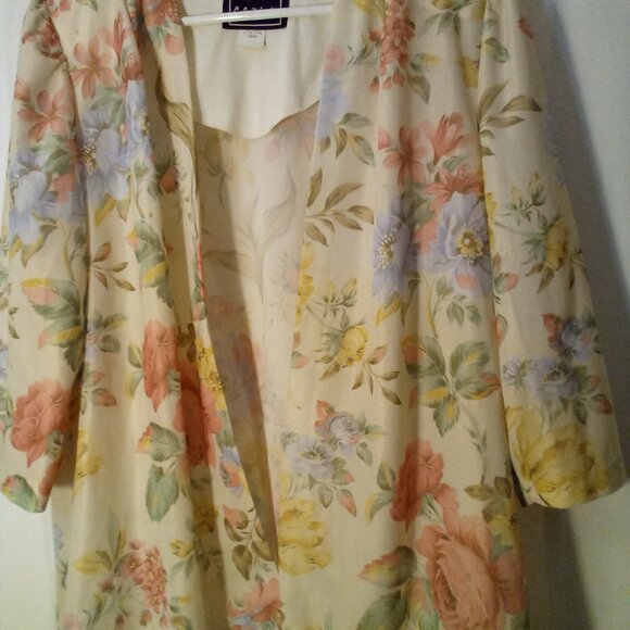 LL Martin Open Front Blouse 16W Simi Sheer Half Sleeve Floral Cream Pink Green - Picture 6 of 15